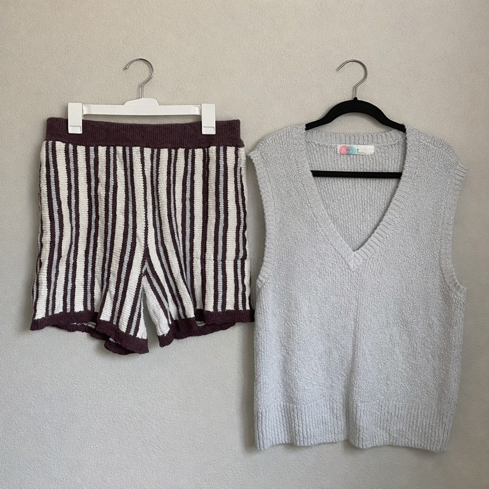FP Beach Knit Sweater Vest Striped Shorts Set Medium Boho Beach Festival Cozy